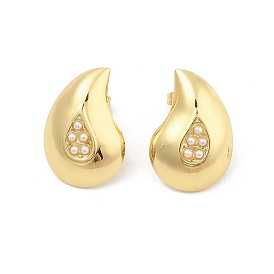 Teardrop PVD Vacuum Plating 304 Stainless Steel Stud Earrings for Women, with Plastic Imitation Pearl