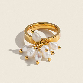 304 Кольца для пальцев из нержавеющей стали с натуральным пресноводным жемчугом для женщин, вакуумное покрытие pvd