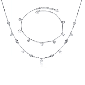 Sterling Silver Micro Pave Clear Cubic Zirconia Star & Round Charms Bracelets & Necklaces Sets