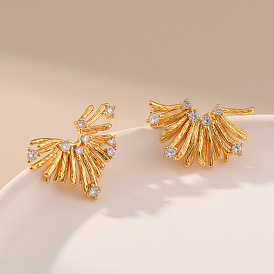 18K Gold Plated Brass Irregular Line Half Design Earrings - Zircon Inlaid, Exquisite