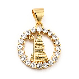 Rack Plating Brass Micro Pave Cubic Zirconia Pendants, Flat Round with Pharaoh Charm, Long-Lasting Plated, Cadmium Free & Lead Free