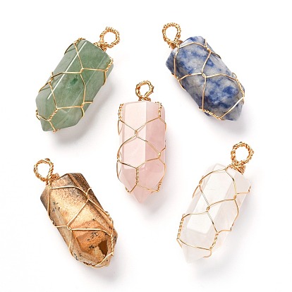 Pendentifs pointus de pierres précieuses naturelles, avec du vrai fil de cuivre écologique plaqué or 18k, balle