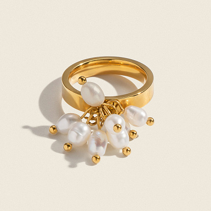 304 Кольца для пальцев из нержавеющей стали с натуральным пресноводным жемчугом для женщин, вакуумное покрытие pvd