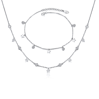 Sterling Silver Micro Pave Clear Cubic Zirconia Star & Round Charms Bracelets & Necklaces Sets