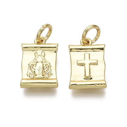 Brass Charms, with Jump Ring, Nickel Free, Rectangle with Virgin Mary & Cross