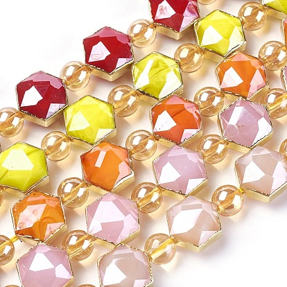 Opaque Glass Beads Strands, with Golden Tone Brass Findings, Pearl Luster Plated, Faceted, Hexagon