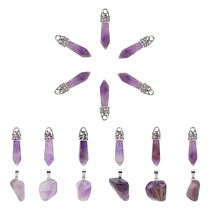 30Pcs 2 Style Natural Amethyst & Agate Pendants, with Platinum Tone Brass Findings, Bullet & Nuggets