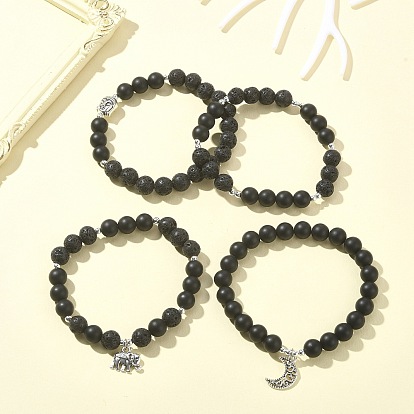 4Pcs 4 Style Natural Lava Rock & Black Agate & Hematite Beaded Stretch Bracelets Set, Elephant & Moon & Buddhist Alloy Bracelets