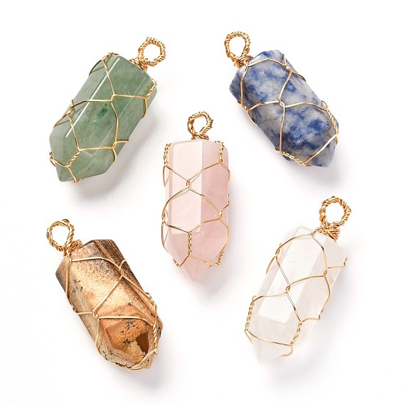 Natural Mixed Gemstone Pointed Pendants, with Real 18K Gold Plated Eco-Friendly Copper Wire, Bullet
