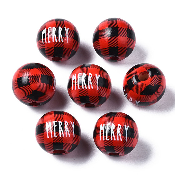 Painted Natural Wood European Beads, Large Hole Beads, Printed, Christmas, Round with Merry