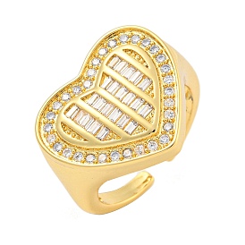 Rack Plating Heart Brass Micro Pave Clear Cubic Zirconia Cuff Finger Rings for Women, Cadmium Free & Lead Free, Long-Lasting Plated