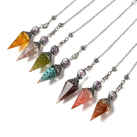 Resin Bullet Dowsing Pendulum Big Pendants, with Natural & Synthetic Gemstone Chip inside and Antique Silver Tone Alloy Findings, Lead Free & Cadmium Free