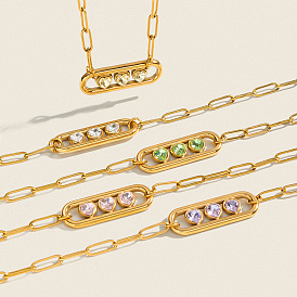304 Stainless Steel Pave 3 Heart Cubic Zirconia Long Oval Pendant Paperclip Chain Necklaces for Women, Real 18K Gold Plated, with OT Clasps
