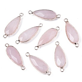Natural Rose Quartz Link Connectors, with Rose Gold Plated Brass Edge and Loop, Teardrop