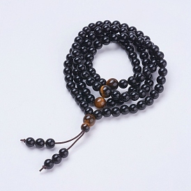 Natural Obsidian & Tiger Eye Wrap Bracelets, Four Loops