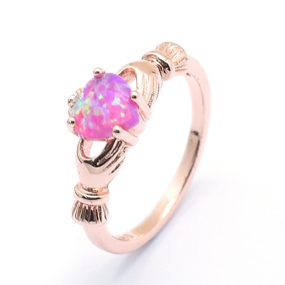 Synthetic Opal Finger Rings, with Cubic Zirconia and Brass Findings, Long-Lasting Plated, Irish Heart, Size 7