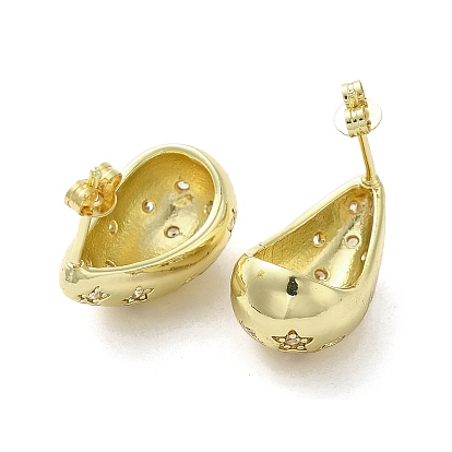 Brass with Cubic Zirconia Stud Earrings, Teardrop with Star, Lead Free & Cadmium Free, Long-Lasting Plated