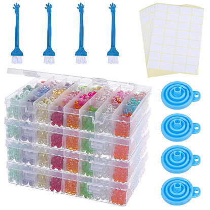 4Pcs 24 Grids Rectangle Plastic Adjustable Dividers Boxes, with 4Pcs Nylon Cleaning Brush, 4Pcs Silicone Folding Funnel Hopper, 1 Set Self Adhesive Writable Blank Stickers