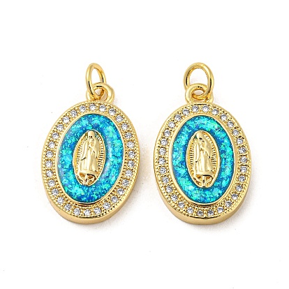Brass Micro Pave Cubic Zirconia with Synthetic Opal Pendants, with Jump Ring, Real 18K Gold Plated