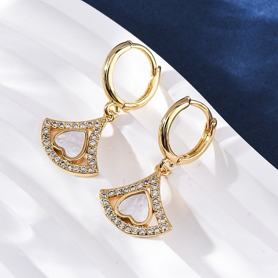 Серьги-кольца с веером в форме сердца из латуни с микропаве из прозрачных кубических цирконий, с оболочкой, без кадмия и без свинца, стойки покрытие, долговечный