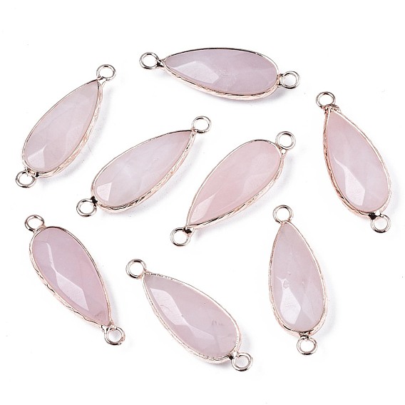 Natural Rose Quartz Link Connectors, with Rose Gold Plated Brass Edge and Loop, Teardrop