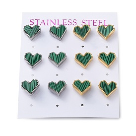 6 Pair 2 Color Synthetic Malachite Heart Stud Earrings, 304 Stainless Steel Earrings