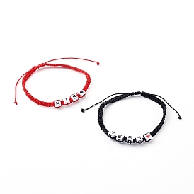 Valentine's Day Adjustable Nylon Thread Braided Bead Bracelets Sets, Couple Bracelets, with Cube Acrylic Beads, Word His & Hers