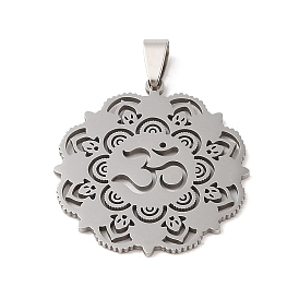 201 Stainless Steel Pendants, Flower with Ohm/Aum Charm