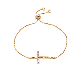 Adjustable Cross Bracelet with Colorful Zirconia Stones and Micro Pave Design