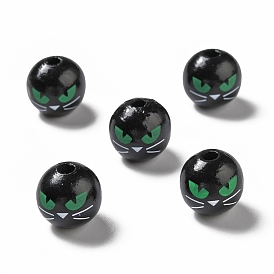 Perles de bois peintes à la bombe d'halloween, rond avec motif oeil de chat vert
