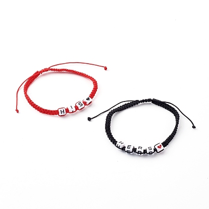 Valentine's Day Adjustable Nylon Thread Braided Bead Bracelets Sets, Couple Bracelets, with Cube Acrylic Beads, Word His & Hers
