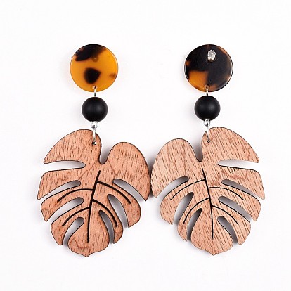 Wooden Dangle Earrings, with Cellulose Acetate(Resin), Synthetic Black Stone Beads, and 304 Stainless Steel Stud Earring Findings, Leaf