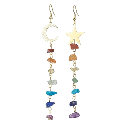 Chakra Theme Natural & Synthetic Mixed Gemstone Chip Beaded Tassel Earrings, Moon & Star Golden Brass Asymmetrical Earrings, Long Dangle Earrings