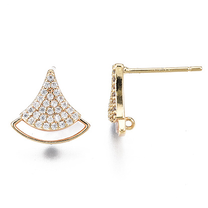 Brass Micro Pave Clear Cubic Zirconia Earring Findings, with Shell, Nickel Free, Fan