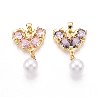 Латунные подвески с микропаве из кубического циркония и искусственного жемчуга ABS, без кадмия и без свинца, бабочки прелести