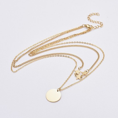304 Stainless Steel Double Layer Necklaces, with Lobster Claw Clasps, Flat Round with Star