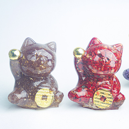 Resin Fortune Cat Display Decoration, with Gemstone Chips inside Statues for Home Office Decorations