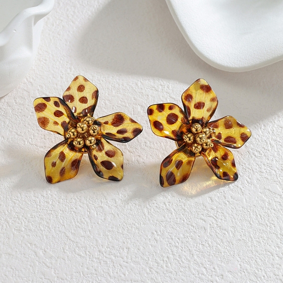 304 из нержавеющей стали серьги, cmолой, цветок с леопардовой печатью