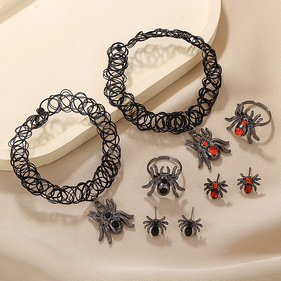 Комплекты из ожерелий, серег и колец с подвесками в виде паука из сплава, страз и пластика на Хэллоуин