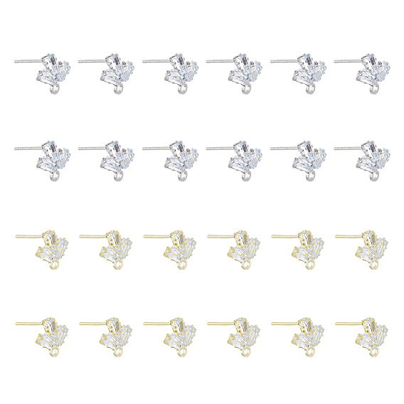 24 шт. 2 цветная латунь микропаве прозрачный кубический цирконий серьги-гвоздики фурнитура, с горизонтальными петлями, лист, с 50 пластиковыми ушными гайками
