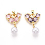 Латунные подвески с микропаве из кубического циркония и искусственного жемчуга ABS, без кадмия и без свинца, бабочки прелести