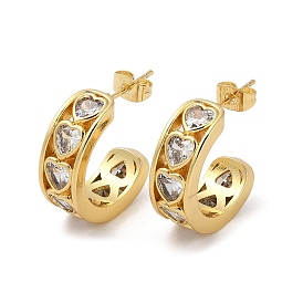 Brass Micro Pave Cubic Zirconia Heart Stud Earrings, Half Hoop Earrings