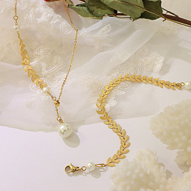 Chic Pearl Necklace and Bracelet Set with French Style Lock, Titanium Steel & 18K Gold - P485-E108