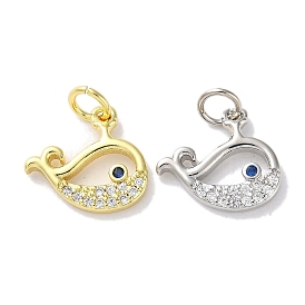 Rack Plating Brass Micro Pave Clear Cubic Zirconia Pendants, Long-Lasting Plated, Lead Free & Cadmium Free, Dolphin