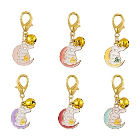 Moon with Rabbit Alloy Enamel Pendant Decoraiton, with Brass Bell Charms and Zinc Alloy Lobster Claw Clasps