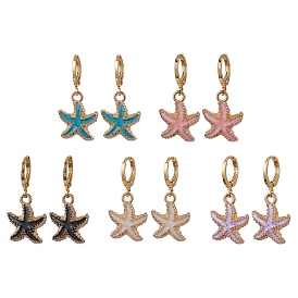 Alloy Enamel Starfish Hoop Earrings, with Brass Earring Findings, Golden