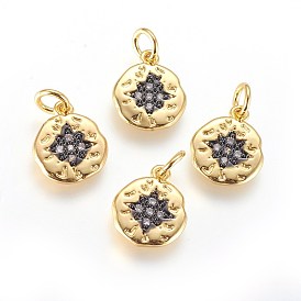 Brass Micro Pave Cubic Zirconia Charms, with Jump Ring, Flat Round, Clear