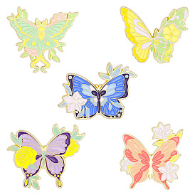 Butterfly and Flower Enamel Pin, Light Gold Plated Alloy Badge for Backpack Clothes