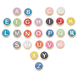 Alloy Enamel Beads, Cadmium Free & Nickel Free & Lead Free, Flat Round with Initial Letters, Light Gold