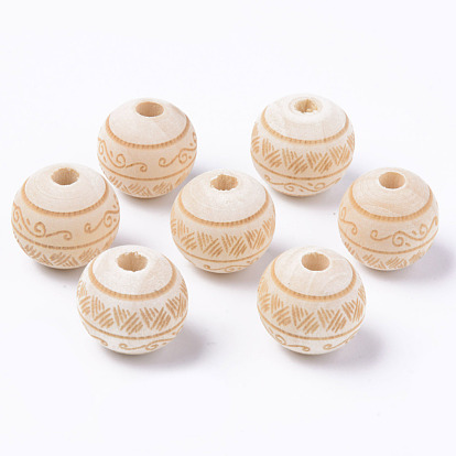 Unfinished Natural Wood European Beads, Large Hole Beads, for DIY Painting Craft, Laser Engraved Pattern, Round